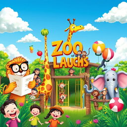 A whimsical and colorful zoo scene filled with a variety of animals engaging in humorous activities