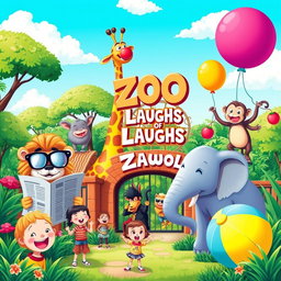 A whimsical and colorful zoo scene filled with a variety of animals engaging in humorous activities