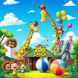 A whimsical and colorful zoo scene filled with a variety of animals engaging in humorous activities