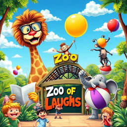 A whimsical and colorful zoo scene filled with a variety of animals engaging in humorous activities