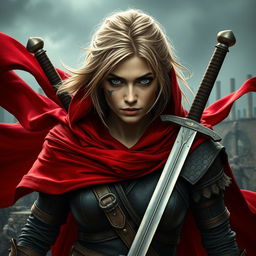 A fierce woman warrior with dark blonde hair, wearing a flowing red cloak that sways with movement