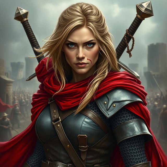 A fierce woman warrior with dark blonde hair, wearing a flowing red cloak that sways with movement