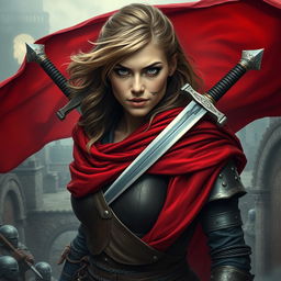 A fierce woman warrior with dark blonde hair, wearing a flowing red cloak that sways with movement