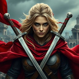 A fierce woman warrior with dark blonde hair, wearing a flowing red cloak that sways with movement