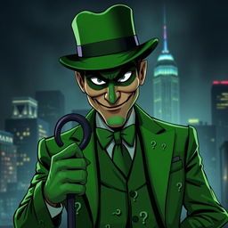 A stylized representation of a mysterious character inspired by the Riddler, dressed in a green suit adorned with question marks, wearing a matching green bowler hat and a sly grin