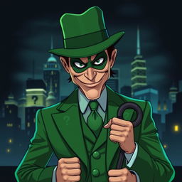 A stylized representation of a mysterious character inspired by the Riddler, dressed in a green suit adorned with question marks, wearing a matching green bowler hat and a sly grin