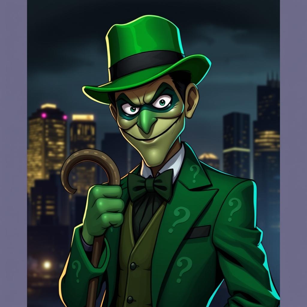 A stylized representation of a mysterious character inspired by the Riddler, dressed in a green suit adorned with question marks, wearing a matching green bowler hat and a sly grin