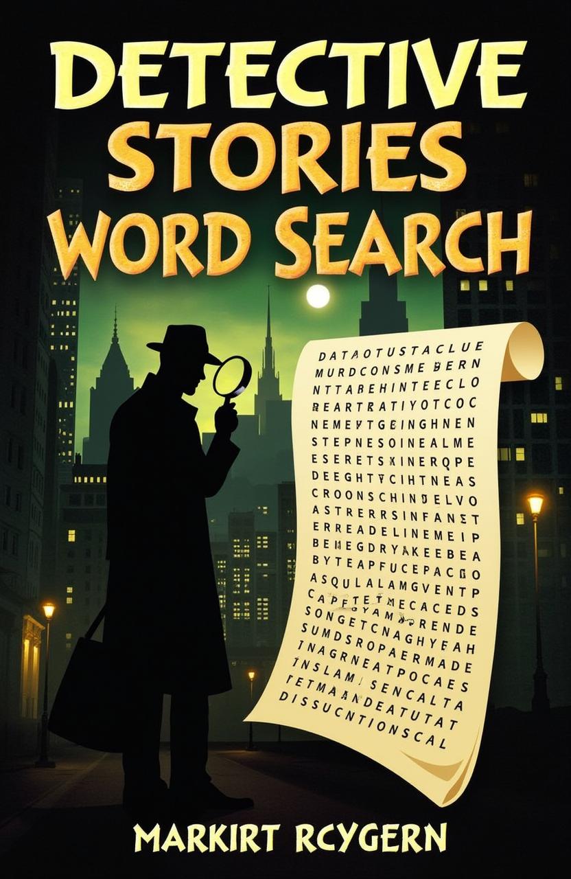 An intriguing and captivating book cover design for 'Detective Stories Word Search'