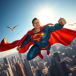 A heroic depiction of Superman soaring through a bright blue sky, with his iconic red and blue costume and cape billowing dramatically behind him