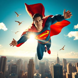 A heroic depiction of Superman soaring through a bright blue sky, with his iconic red and blue costume and cape billowing dramatically behind him
