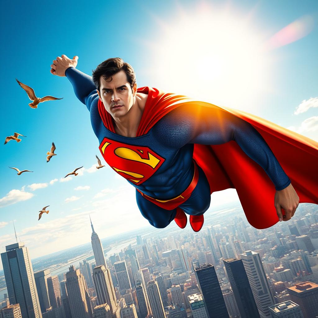 A heroic depiction of Superman soaring through a bright blue sky, with his iconic red and blue costume and cape billowing dramatically behind him