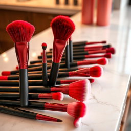 A collection of elegant makeup brushes displayed artistically, with the bristles in vibrant red and sleek black