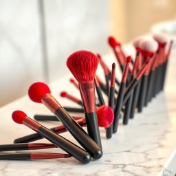 A collection of elegant makeup brushes displayed artistically, with the bristles in vibrant red and sleek black