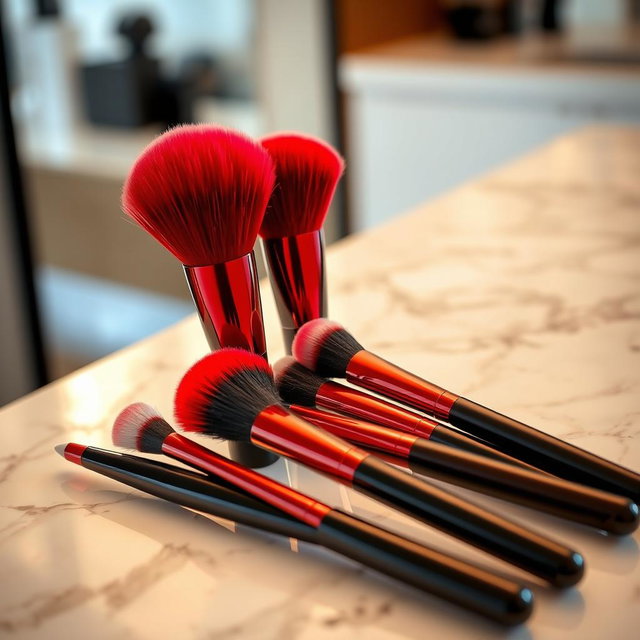 A collection of elegant makeup brushes displayed artistically, with the bristles in vibrant red and sleek black