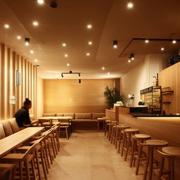 Interior design of a 10m x 10m coffee shop featuring a customer seating hall, warm lighting, stylish furniture, and an inviting counter.