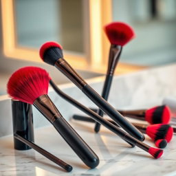 A collection of elegant makeup brushes displayed artistically, with the bristles in vibrant red and sleek black