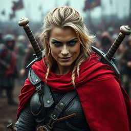 A rugged woman warrior with dark blonde hair, clad in a flowing red cloak that adds a striking contrast to her battle-hardened appearance