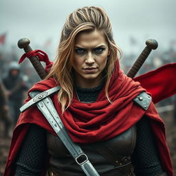 A rugged woman warrior with dark blonde hair, clad in a flowing red cloak that adds a striking contrast to her battle-hardened appearance