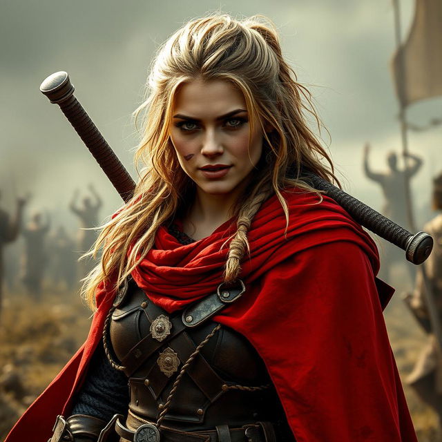 A rugged woman warrior with dark blonde hair, clad in a flowing red cloak that adds a striking contrast to her battle-hardened appearance