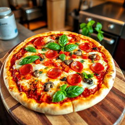 A delicious pizza with a golden crispy crust, topped with melted mozzarella cheese, vibrant red tomato sauce, fresh basil leaves, and assorted colorful toppings like pepperoni, bell peppers, and mushrooms