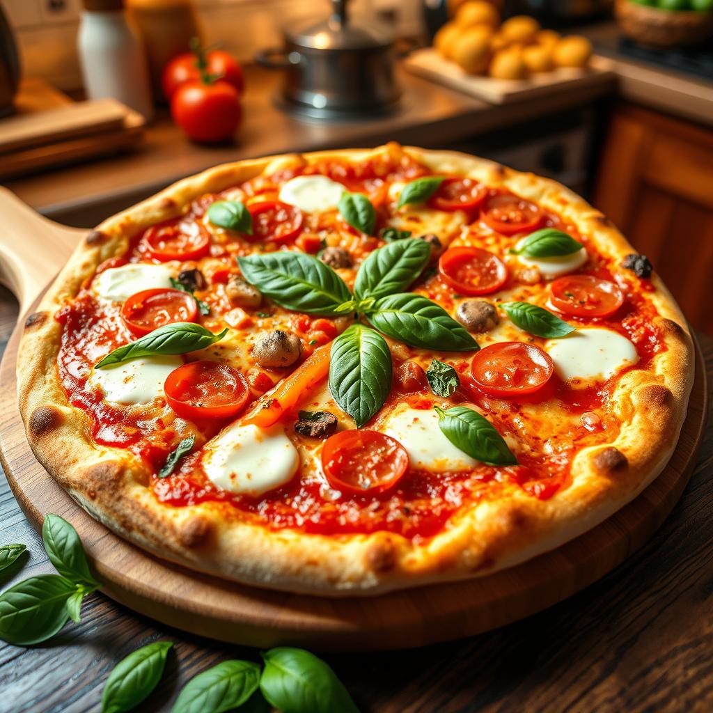 A delicious pizza with a golden crispy crust, topped with melted mozzarella cheese, vibrant red tomato sauce, fresh basil leaves, and assorted colorful toppings like pepperoni, bell peppers, and mushrooms