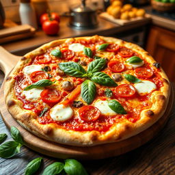 A delicious pizza with a golden crispy crust, topped with melted mozzarella cheese, vibrant red tomato sauce, fresh basil leaves, and assorted colorful toppings like pepperoni, bell peppers, and mushrooms