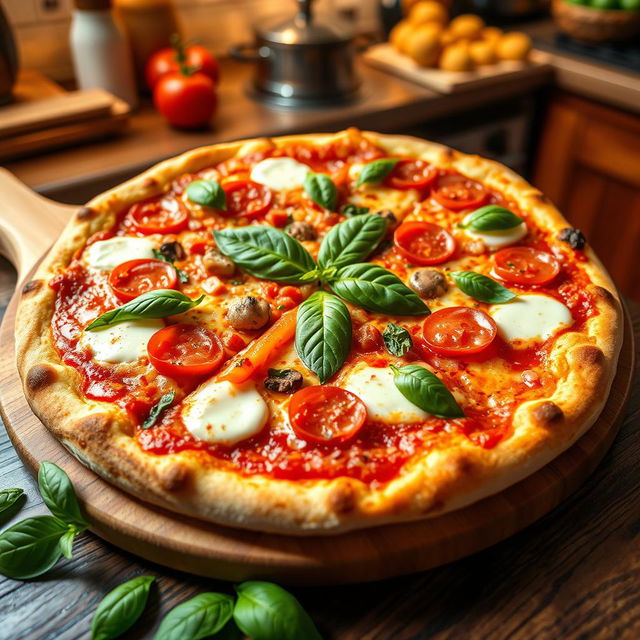A delicious pizza with a golden crispy crust, topped with melted mozzarella cheese, vibrant red tomato sauce, fresh basil leaves, and assorted colorful toppings like pepperoni, bell peppers, and mushrooms