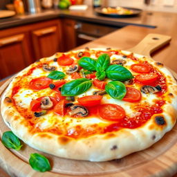 A delicious pizza with a golden crispy crust, topped with melted mozzarella cheese, vibrant red tomato sauce, fresh basil leaves, and assorted colorful toppings like pepperoni, bell peppers, and mushrooms