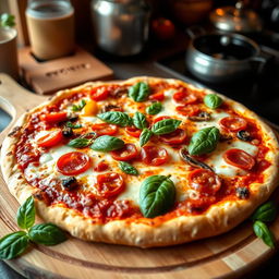 A delicious pizza with a golden crispy crust, topped with melted mozzarella cheese, vibrant red tomato sauce, fresh basil leaves, and assorted colorful toppings like pepperoni, bell peppers, and mushrooms