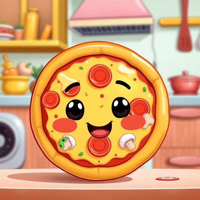 A cute cartoon-style pizza with a smiling face, complete with big cheerful eyes and rosy cheeks