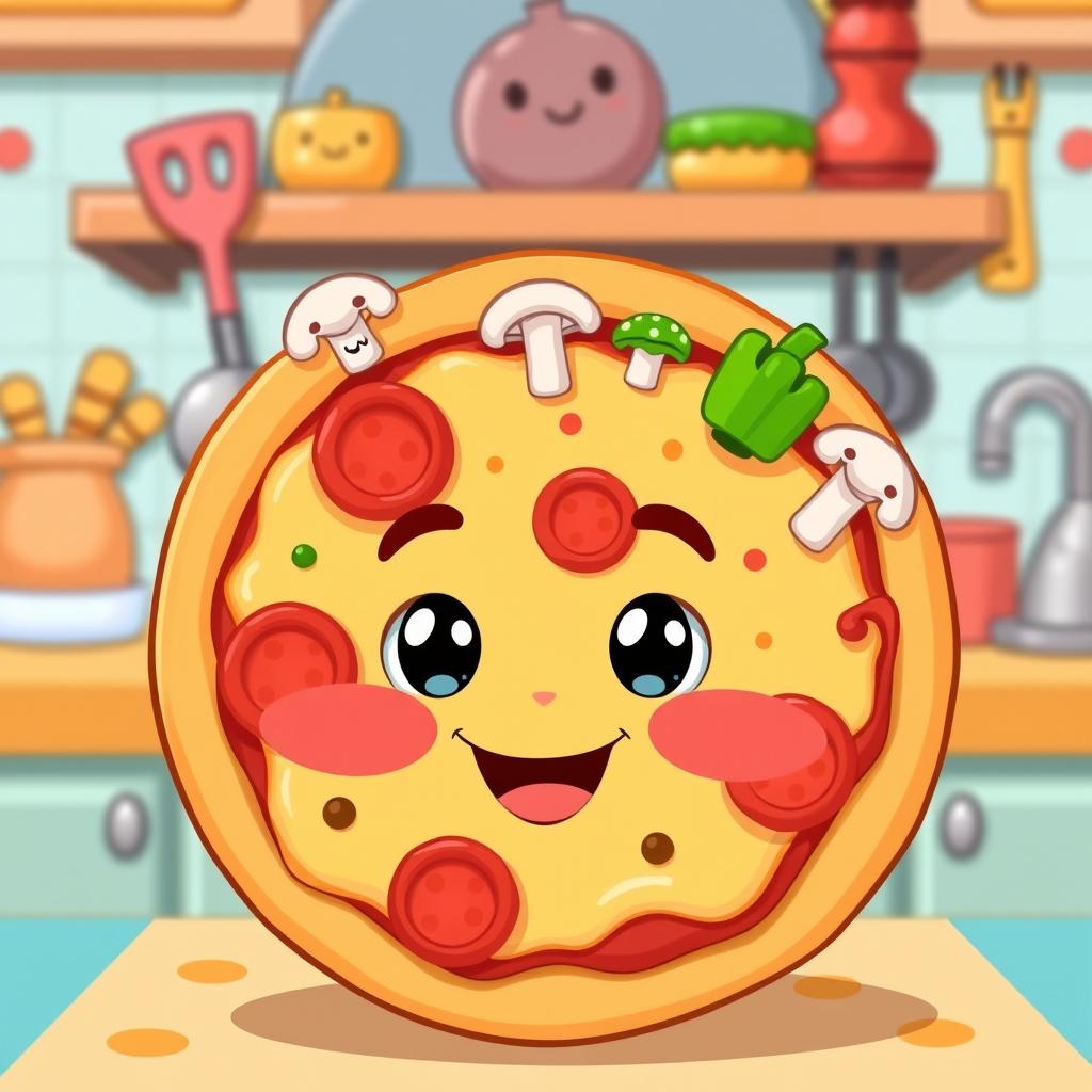 A cute cartoon-style pizza with a smiling face, complete with big cheerful eyes and rosy cheeks