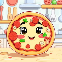A cute cartoon-style pizza with a smiling face, complete with big cheerful eyes and rosy cheeks