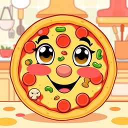 A cute cartoon-style pizza with a smiling face, complete with big cheerful eyes and rosy cheeks