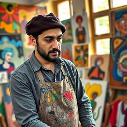 A portrait of Javad Razovian, an Iranian male artist, set in a vibrant studio filled with colorful paintings