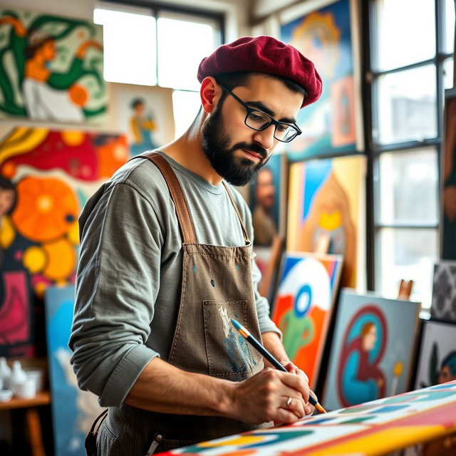 A portrait of Javad Razovian, an Iranian male artist, set in a vibrant studio filled with colorful paintings