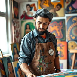 A portrait of Javad Razovian, an Iranian male artist, set in a vibrant studio filled with colorful paintings