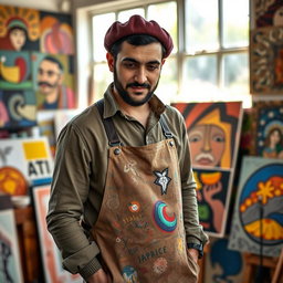 A portrait of Javad Razovian, an Iranian male artist, set in a vibrant studio filled with colorful paintings