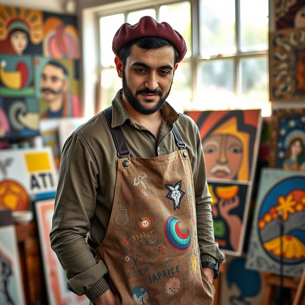 A portrait of Javad Razovian, an Iranian male artist, set in a vibrant studio filled with colorful paintings