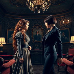 A dramatic scene depicting two sisters standing in a lavishly decorated room, glaring at each other with intense expressions that convey their deep-seated animosity