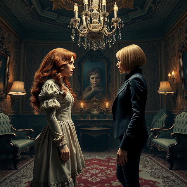 A dramatic scene depicting two sisters standing in a lavishly decorated room, glaring at each other with intense expressions that convey their deep-seated animosity