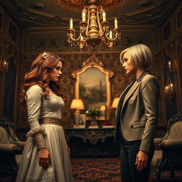 A dramatic scene depicting two sisters standing in a lavishly decorated room, glaring at each other with intense expressions that convey their deep-seated animosity