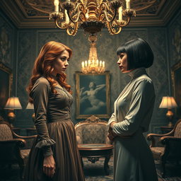 A dramatic scene depicting two sisters standing in a lavishly decorated room, glaring at each other with intense expressions that convey their deep-seated animosity