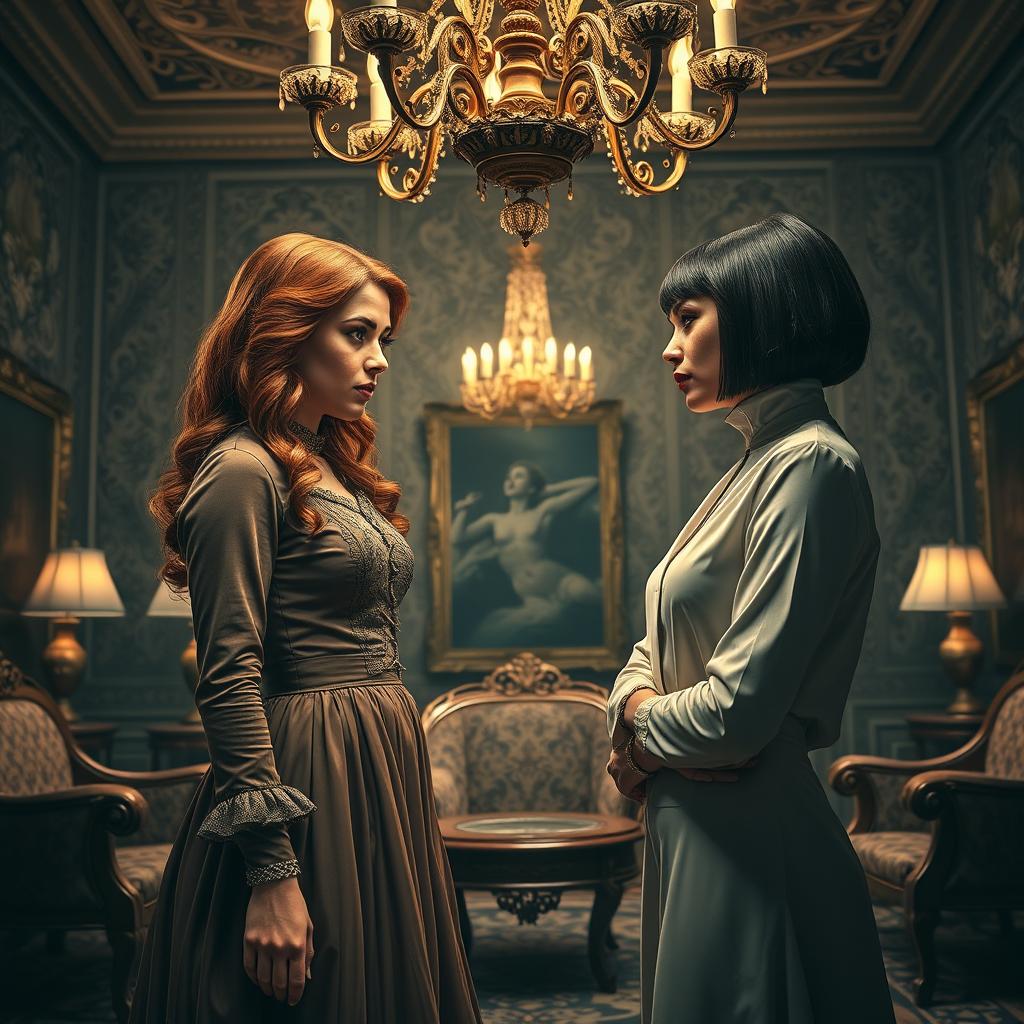 A dramatic scene depicting two sisters standing in a lavishly decorated room, glaring at each other with intense expressions that convey their deep-seated animosity