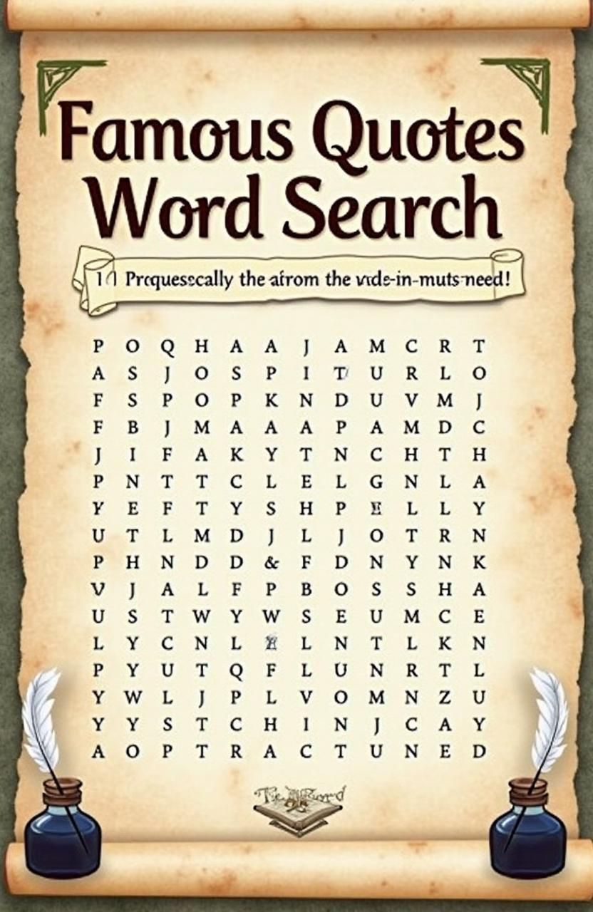 A stylish and intellectual book cover design for 'Famous Quotes Word Search'