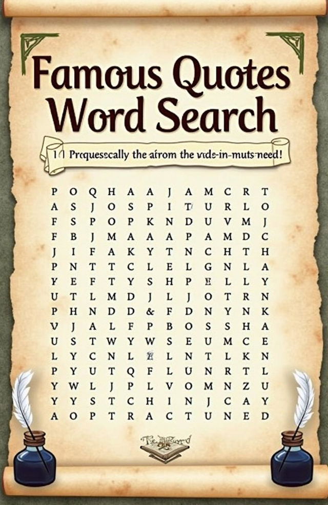 A stylish and intellectual book cover design for 'Famous Quotes Word Search'