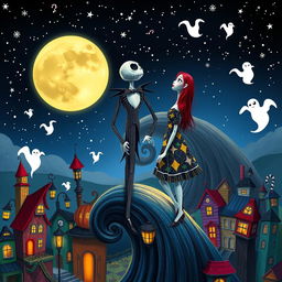A fantastical scene inspired by 'The Nightmare Before Christmas', featuring a whimsical and slightly eerie town filled with colorful, twisted buildings