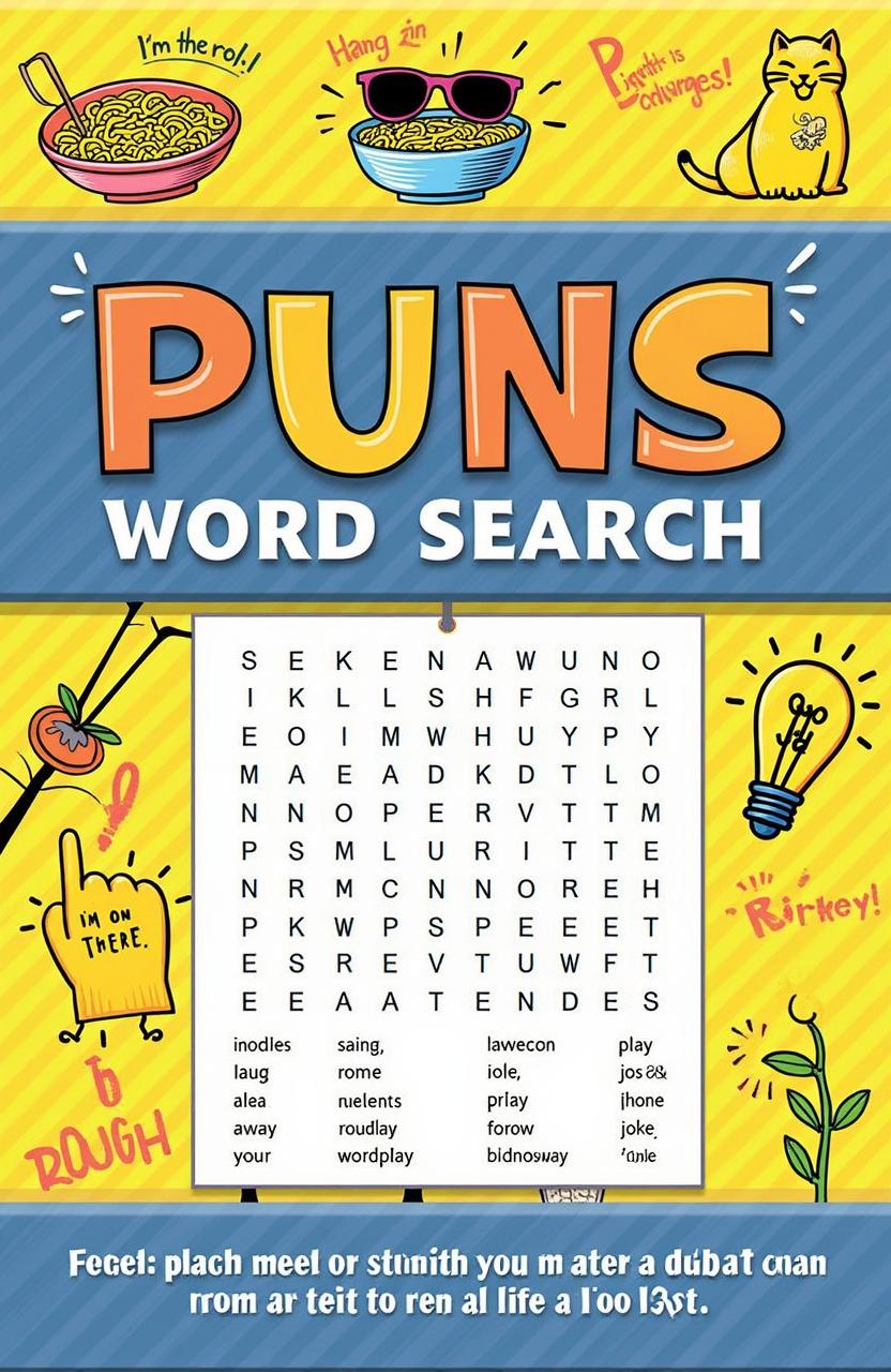 A playful and whimsical book cover design for 'Puns Word Search'