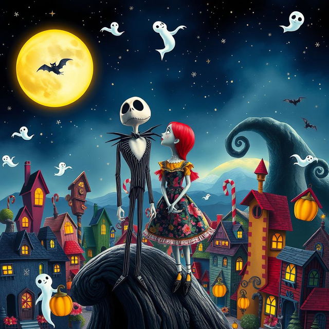 A fantastical scene inspired by 'The Nightmare Before Christmas', featuring a whimsical and slightly eerie town filled with colorful, twisted buildings
