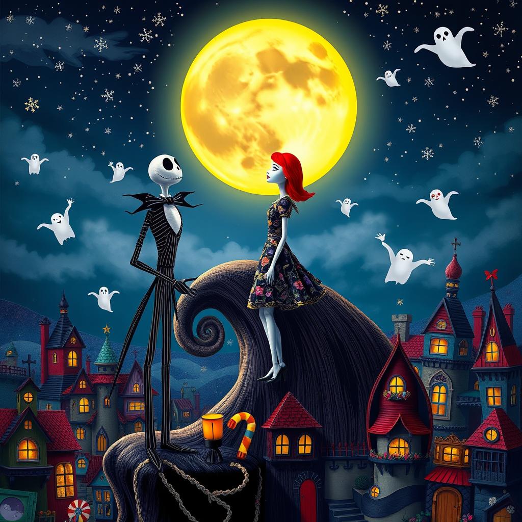 A fantastical scene inspired by 'The Nightmare Before Christmas', featuring a whimsical and slightly eerie town filled with colorful, twisted buildings