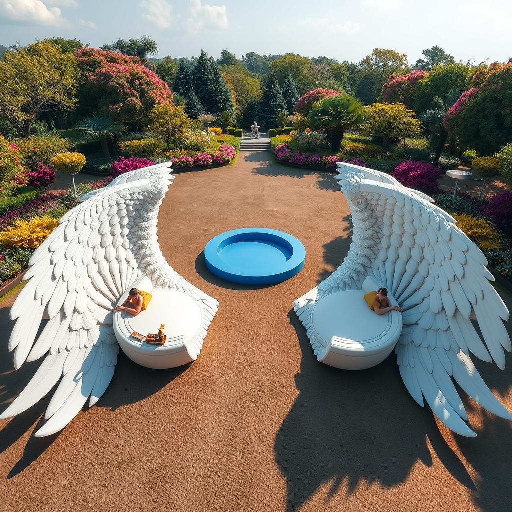 An enchanting outdoor scene featuring two outstretched wings, each measuring 20 meters long, elegantly spread across the ground, with their soft feathers ingeniously designed as seating areas for people